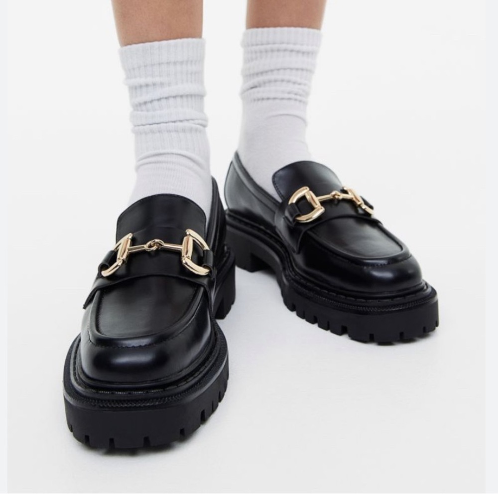 H&M Horsebit Chunky Platform Oxford Shoes Loafers Black and Silver Size 5.5